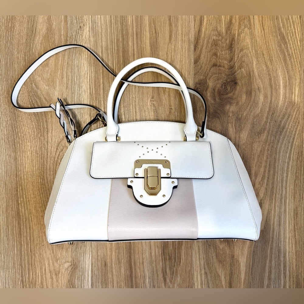 Cromia White Blush Leather Structured Satchel Gold Hardware Made in Italy